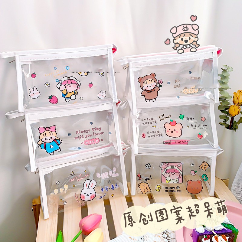 Túi đựng bút mỹ phẩm mini trong suốt in hình cute chất liệu đẹp Duashop