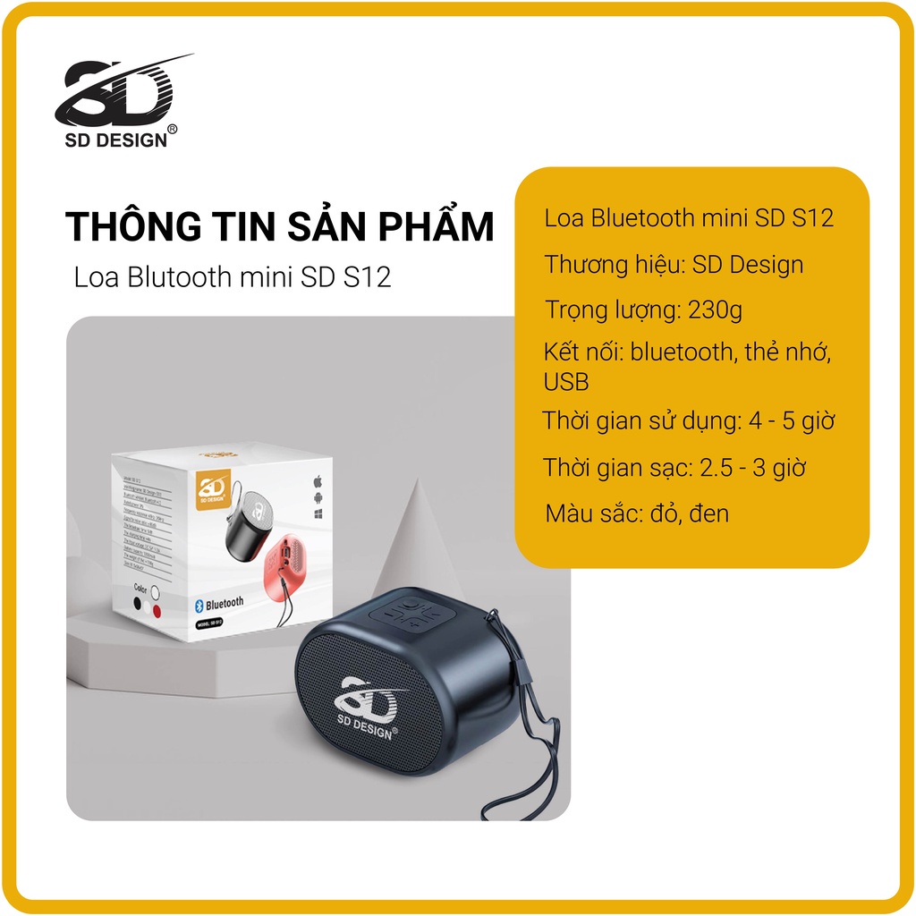 Loa Bluetooth 1200 mAh S12 Không Dây Mini Chính Hãng SD Design Nghe Nhạc Âm Thanh Chất Lượng Hỗ Trợ Cắm Thẻ Nhớ Và USB