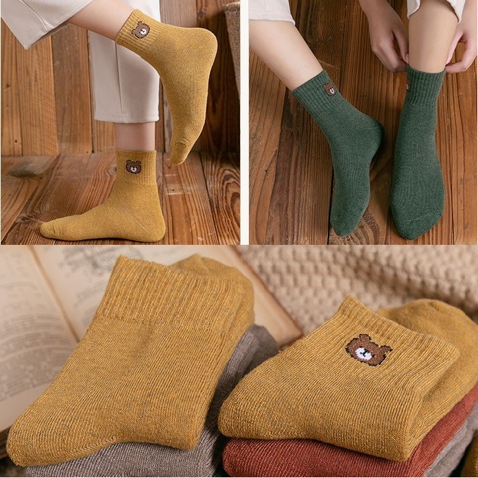 Tất Nữ Cổ Ngắn Set 10 Đôi Họa Tiết Hình Gấu Vớ Nữ Dễ Thương Nhiều Màu Mềm Mại Thoáng Khí Có Túi Đựng