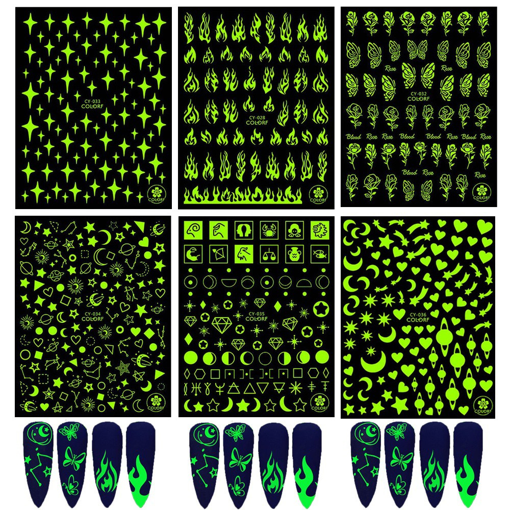 [Hàng mới về] Bộ 1/ 6 miếng dán móng tay họa tiết cánh bướm/ hoa hồng/ ngôi sao 3D phát sáng trong bóng tối