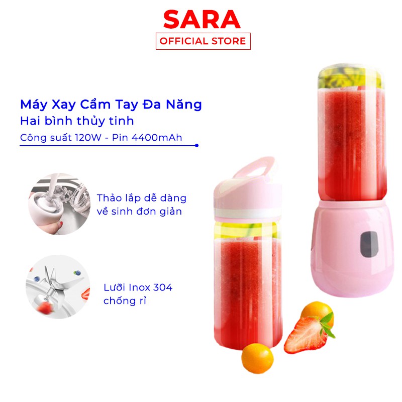 Máy xay sinh tố 6 lưỡi mini đa năng Gồm 2 bình có thể sạc pin kèm day sạc tiện dụng Shopsara