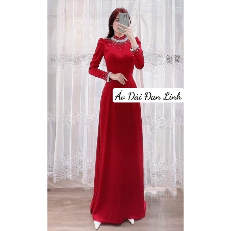 Áo dài trơn đính ngọc cao cấp màu đỏ tay phồng - Áo Dài Đan Linh
