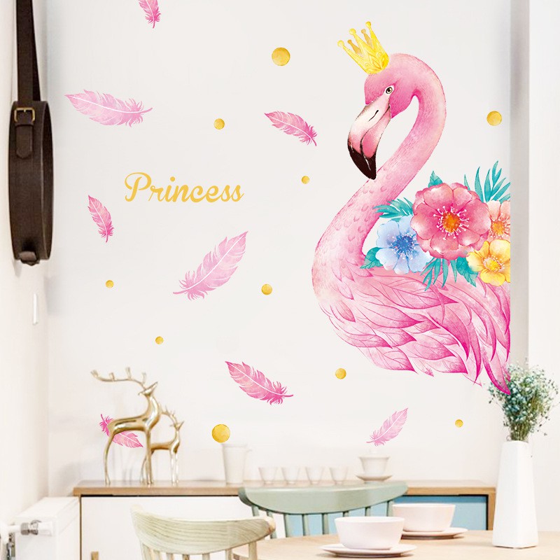 Decal dán tường giá rẻ con cò màu hồng lớn 110x143cm sẵn keo QR9077