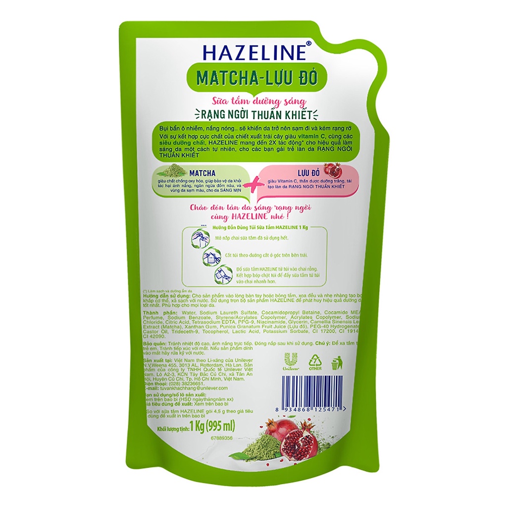 Sữa Tắm Dưỡng Trắng Sáng Da Hazeline Túi 1kg Yến Mạch Dâu Tằm / Matcha Lựu Đỏ - Túi Tiết Kiệm