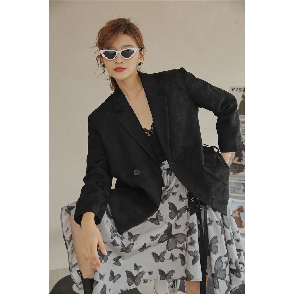 Áo vest blazer đen vân hoa đai chéo ngực cột nơ lưng thời trang (có hình thật)