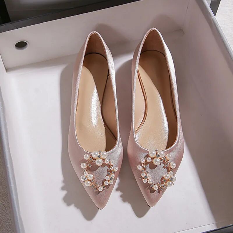 Giày bệt nữ Giày Búp Bê Mũi Nhọn Bằng Satin Đính Đá Ngọc Trai Sang Trọng Cho Cô Dâu Cỡ 33-44