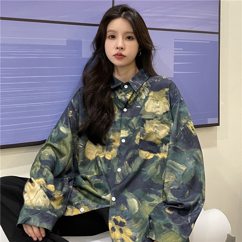 Áo Kiểu Tay Dài Dáng Rộng In Họa Tiết Phong Cách Cổ Điển Thời Trang Mùa Thu Xinh Xắn Cho Nữ