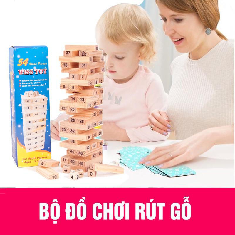 Rút gỗ 54 thanh loại lớn nhỏ, Bộ trò chơi rút gỗ, xếp gỗ bộ đồ chơi rút go có hình phạt giải trí - Guty Smart