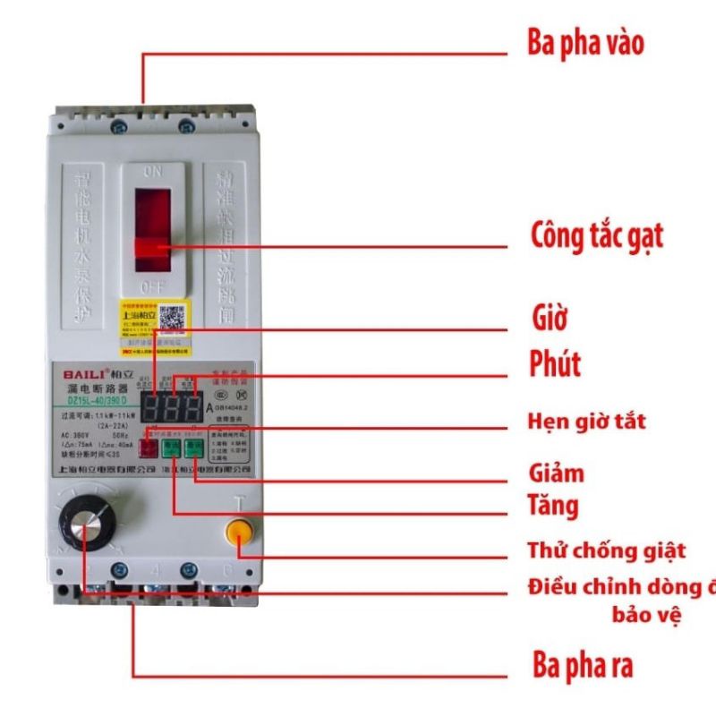 BALLI -APTOMAT  Bảo vệ mất pha, chống dòng dò, quá tải dòng,hẹn giờ tắt cho động cơ 3 pha 380v 40A