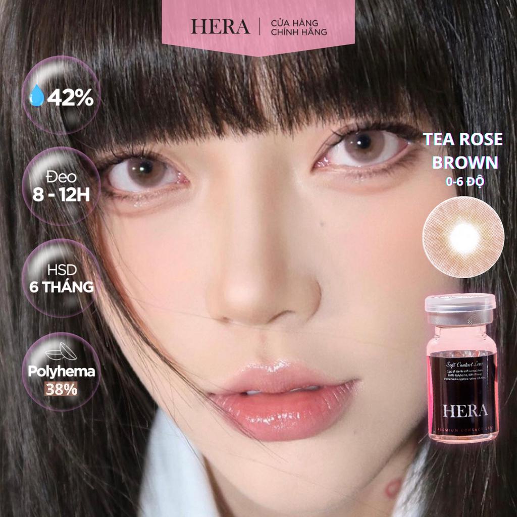 Lens Hera Nâu Hồng Trà 0 - 6 Độ TEA ROSE BROWN Nhập Khẩu Hàn Quốc Kính Áp Tròng Cận 6 Tháng