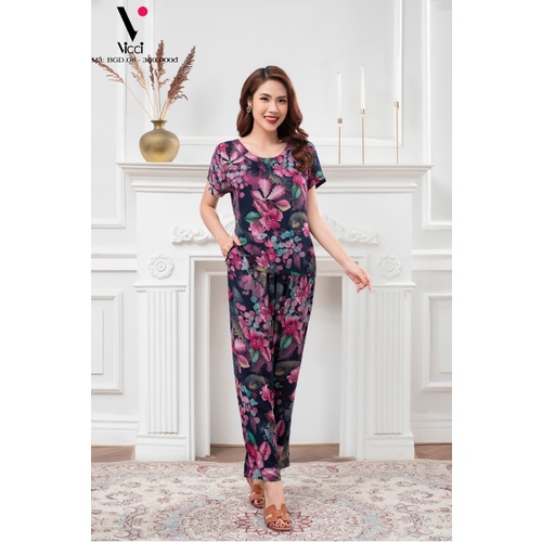 Bộ đồ mặc nhà trung niên lanh tole nhung Vicci BGD.08.4 áo cộc, quần dài phối họa tiết hoa nền đen