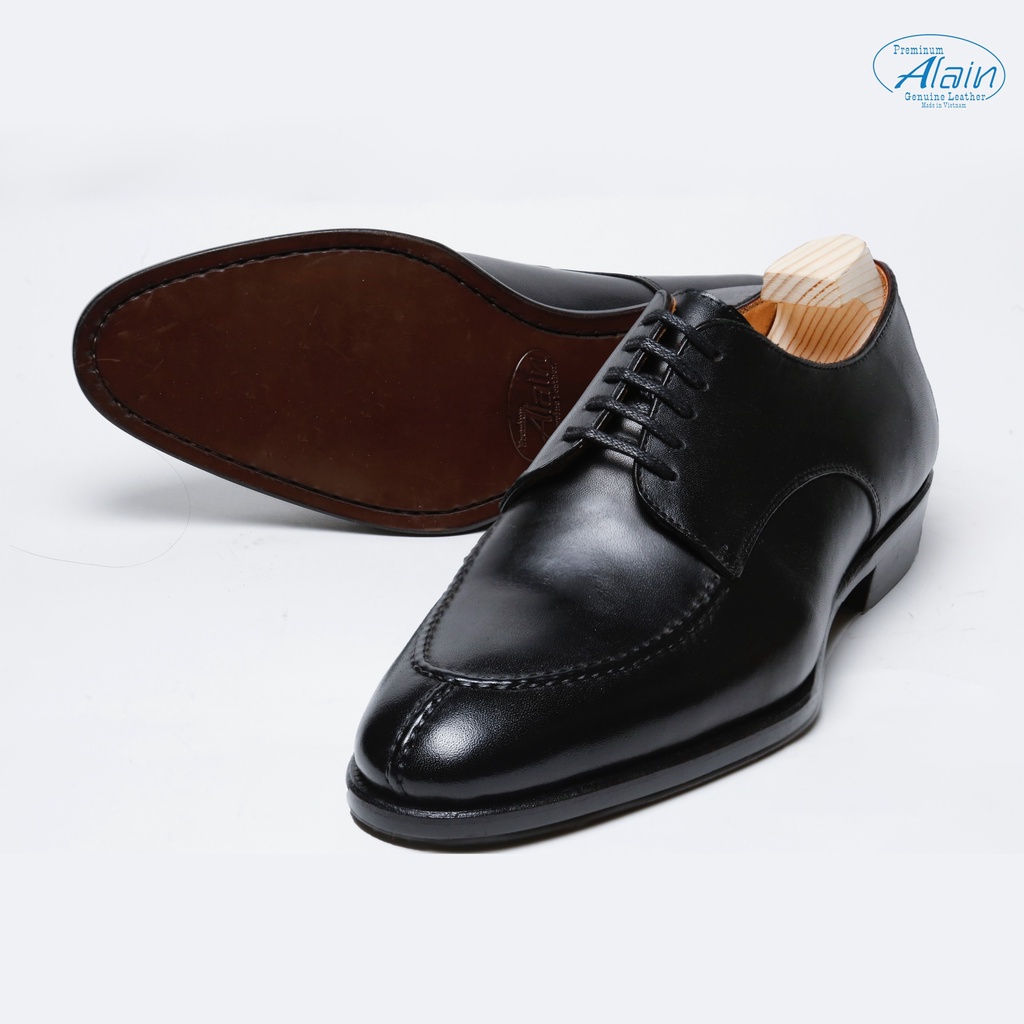 Giày Tây Cổ Thấp Nam Derby Split Toe Alain Đen Da Bò Cao Cấp Đế Gỗ Bọc Da - Thương Hiệu Alain Shoemaker