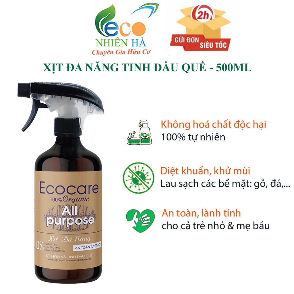 Nước lau kính ECOCARE 500ml tinh dầu quế hữu cơ, xịt đa năng, lau bàn ăn, lau bếp, khử mùi