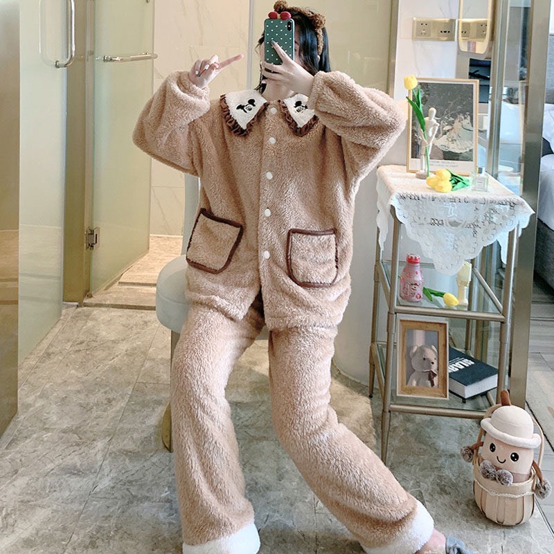 Bộ Nỉ Bông Cổ Mickey Nữ 🌺 Set quần dài ống suông kèm áo dài tay cổ bẻ, thiết kế đơn giản HOT 🌺