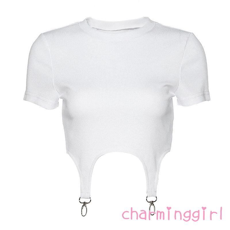 Áo Croptop Dệt Kim Tay Ngắn Dáng Ôm Phối Vòng Kim Loại Thời Trang Quyến Rũ Cho Nữ