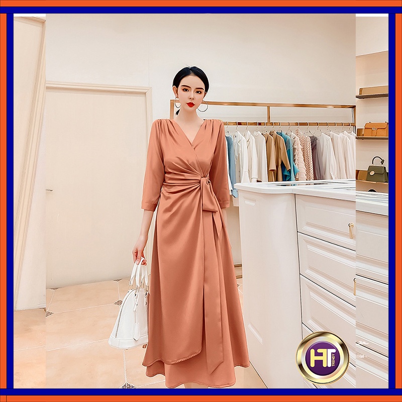 Váy nữ chữ A xòe cổ tim đầm nữ dự tiệc cao cấp thắt nơ eo tay lỡ thiết kế HT TRENDY