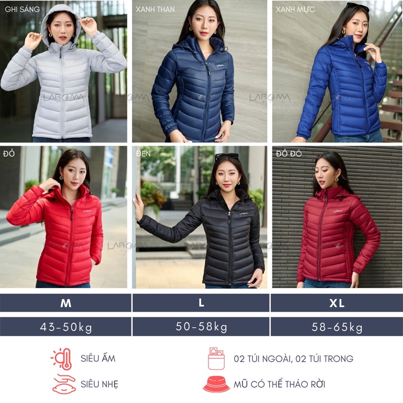 Áo phao nữ có mũ Laroma, siêu nhẹ, trần bông
