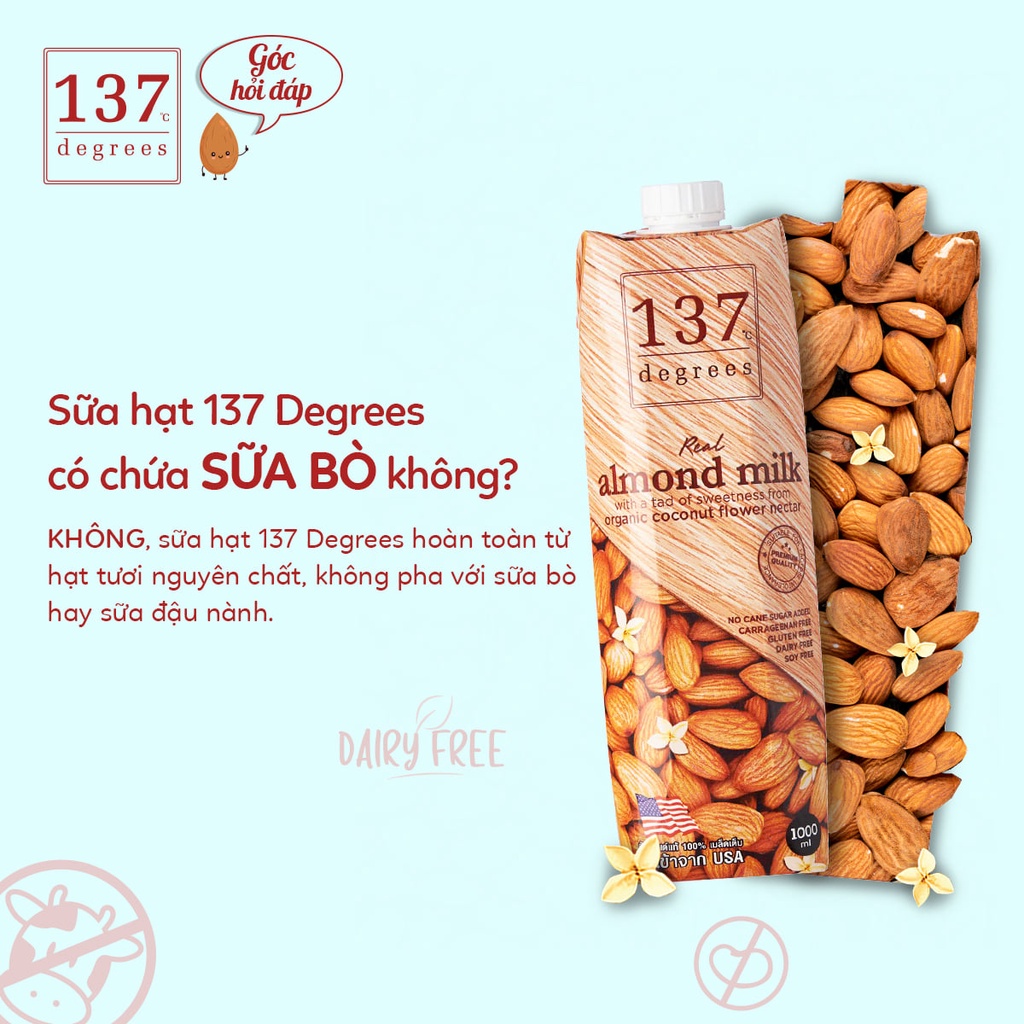 [THÙNG 36 HỘP X 180ML] Sữa Hạt Hạnh Nhân Nguyên Chất 137 Degrees Thái Lan 99% Từ Hạt Tươi, Vị Ngọt Từ Mật Hoa Dừa Hữu Cơ