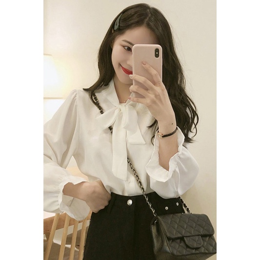 Áo kiểu nữ Thiết kế cột nơ Dài tay Bánh bèo Retro Form rộng Áo kiểu Tay dài Ulzzang Hàn Quốc Thời trang