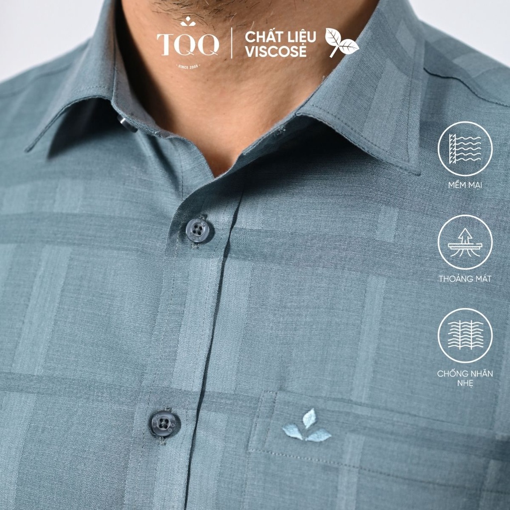 Áo sơ mi nam dài tay TQQ dáng Slimfit công sở chất liệu Cotton cao cấp có co dãn K414CS-CSB màu xanh rêu dệt kẻ chìm