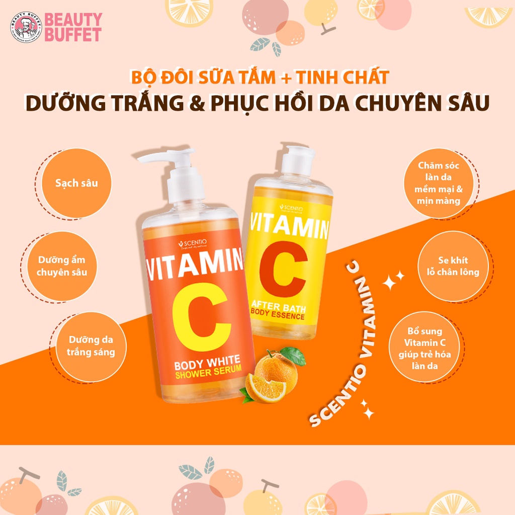 Combo Sữa tắm + Dưỡng thể dưỡng trắng và phục hồi da Beauty Buffet Scentio Vitamin C 450ml/chai