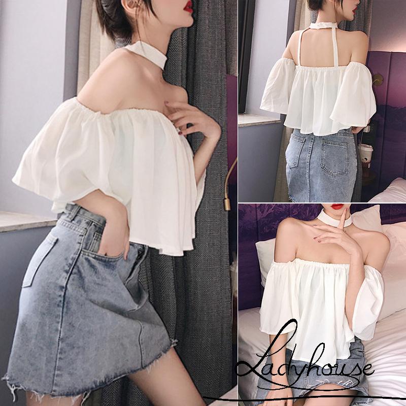 Áo Kiểu Trễ Vai Tay Ngắn Màu Trơn Thời Trang Dự Tiệc Cho Nữ