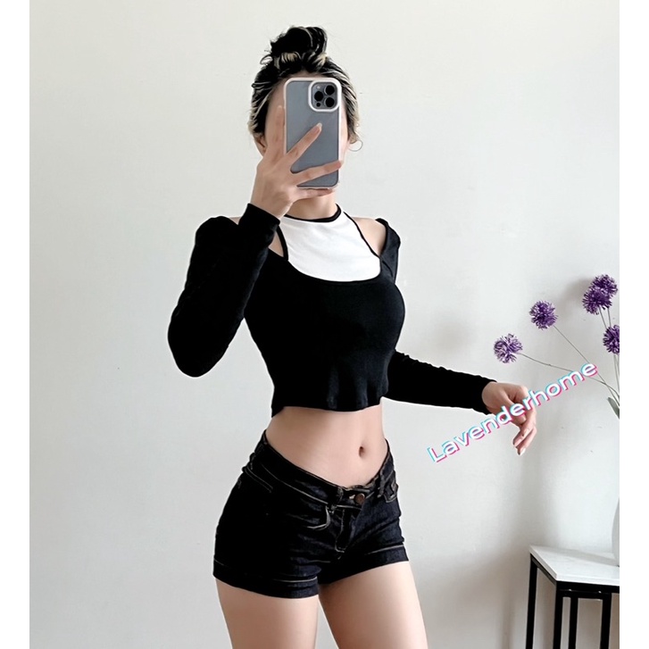 Áo Croptop Yếm Trắng Tay Dài (Hình tự chụp)