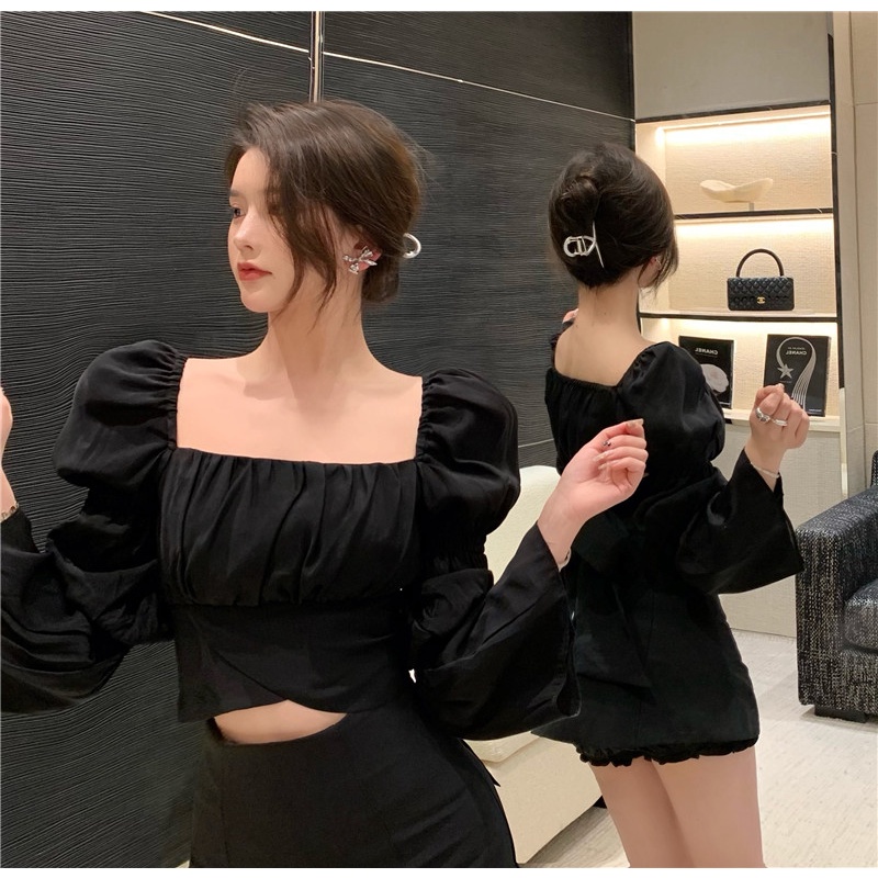 Áo Croptop Tay Loe Dài Phối Nơ Thiết Kế Hợp Thời Trang