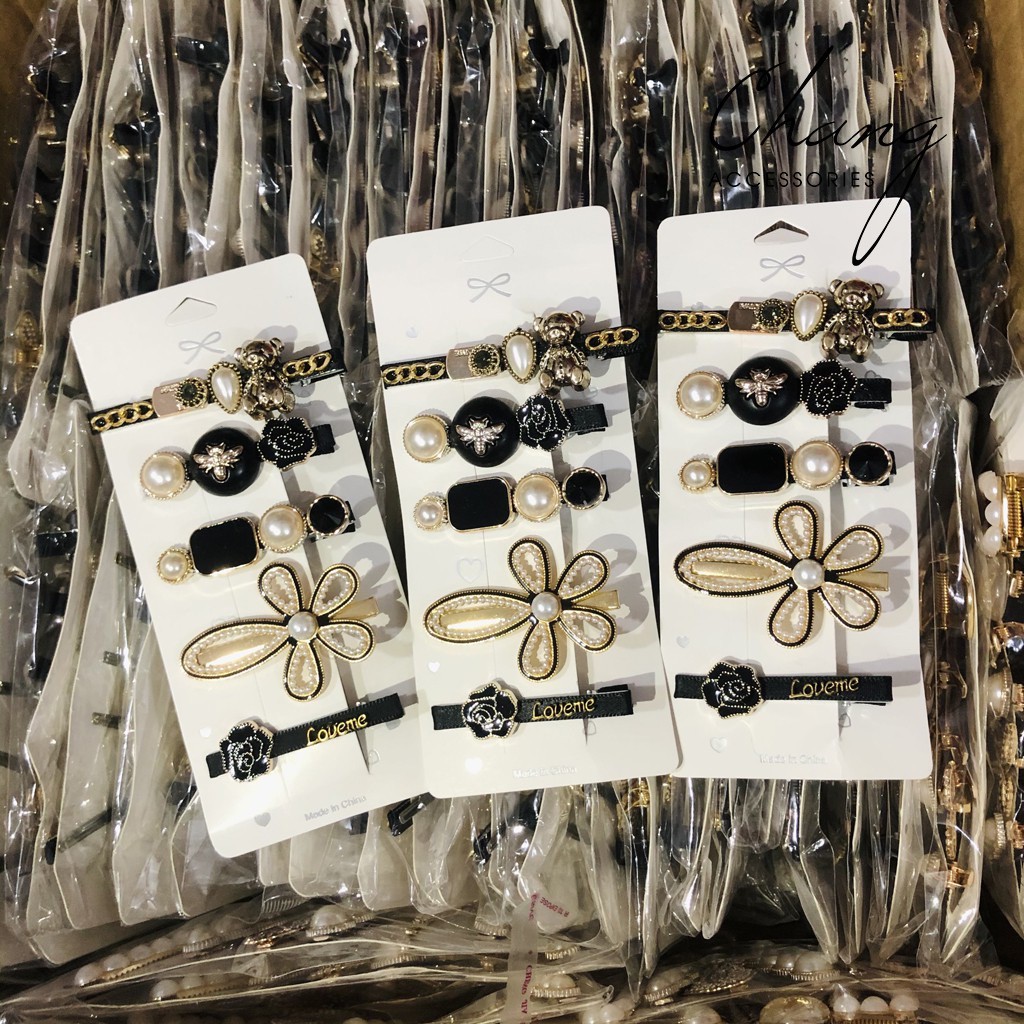 Set 5 Kẹp Tóc Đính Ngọc Đơn Giản Sang Trọng - ￼Set Kẹp Tóc Hoa Đen 5 Chi Tiết