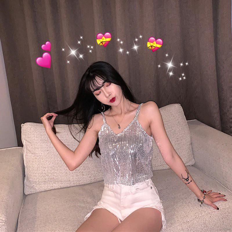 Áo thun không tay đính sequin lấp lánh thời trang dành cho nữ