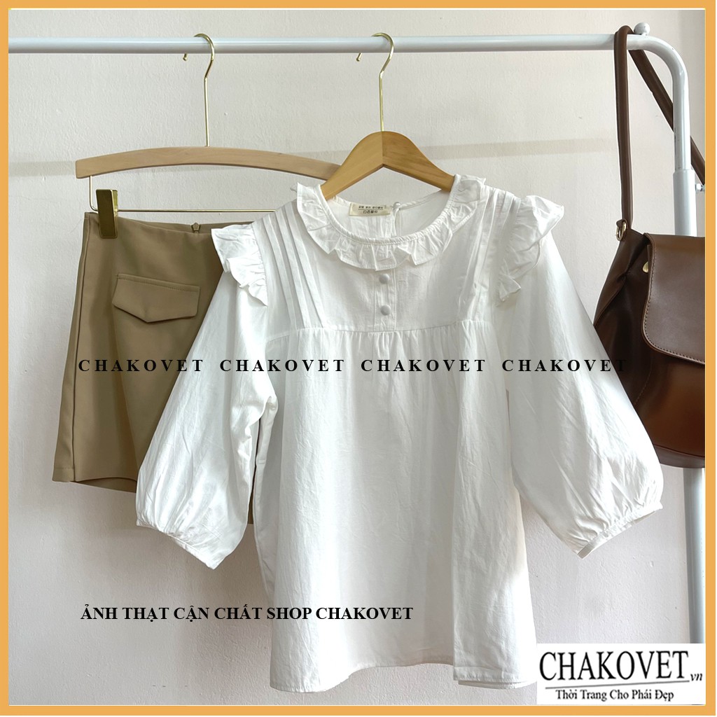 Áo babydoll tay lỡ 2 cúc bọc cka803, kiểu áo sơ mi nữ cao cấp cổ tròn bèo màu trắng phong cách ulzzang đẹp dễ thương | BigBuy360 - bigbuy360.vn