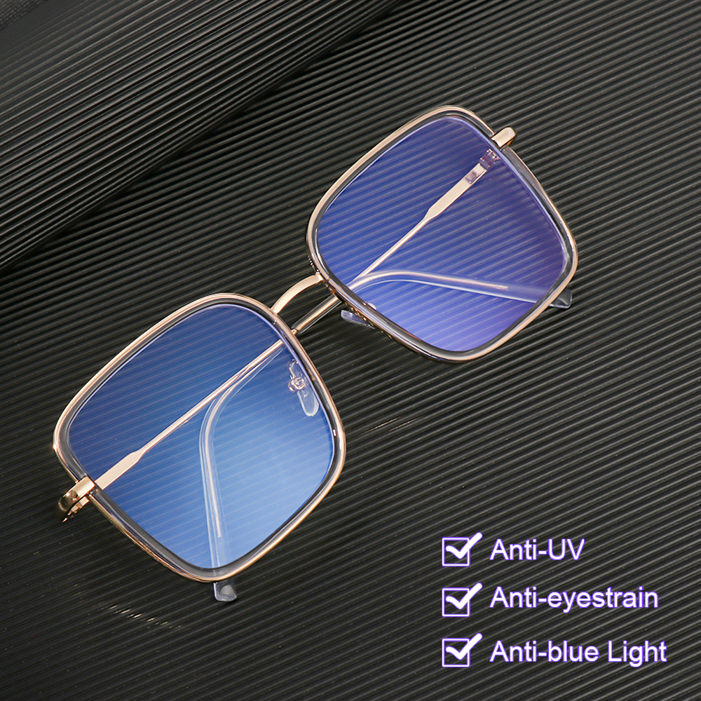 BEAUTY Women Fashion Anti Blue Light Glasses Anti-UV Computer Goggles Large Square Eyewear Flat Mirror Transparent Anti-blue Rays Radiation Protection Metal Frame Eyeglasses/Multicolor