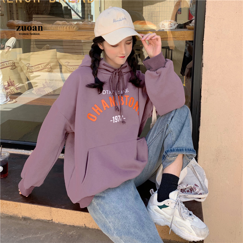 SUXI Áo Hoodie Nữ Tay Dài Dáng Rộng In Chữ Phong Cách Hàn Quốc