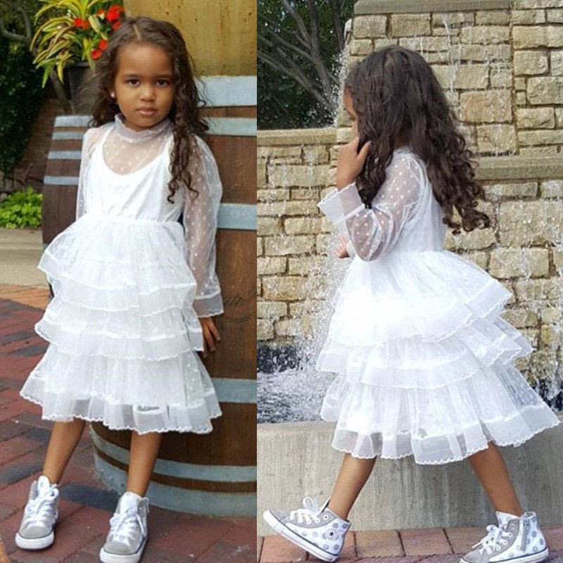 Đầm công chúa vải tuyn xếp tầng màu trắng thời trang cho bé gái