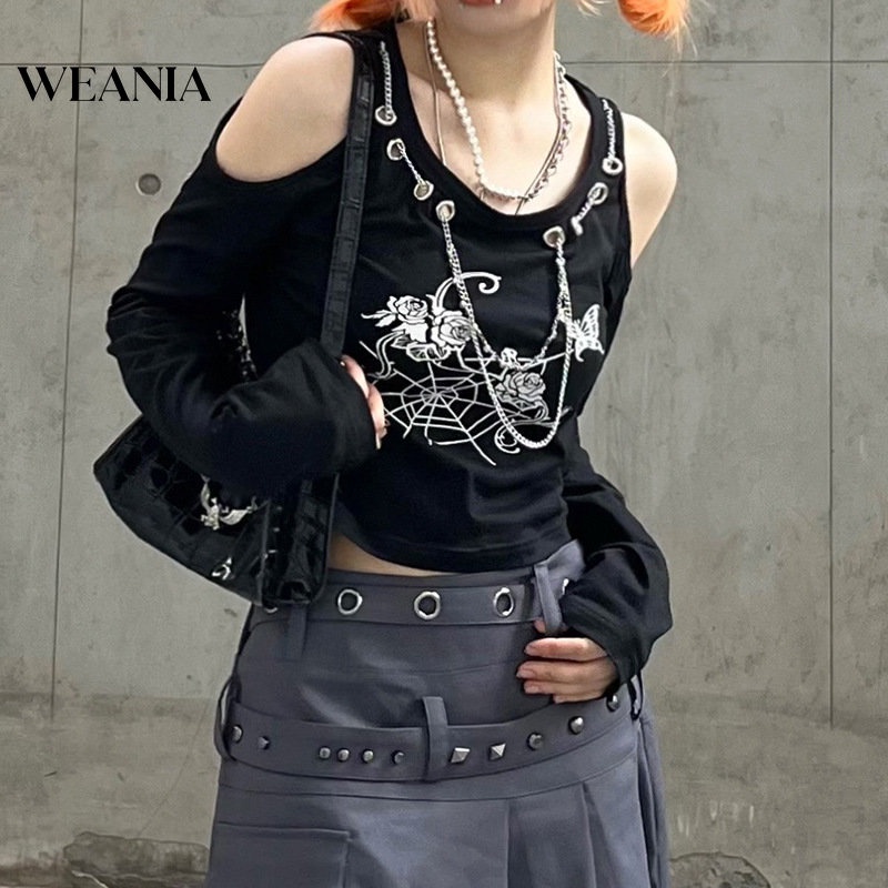 Áo Thun Tay Dài Trễ Vai Hoạ Tiết In Thiết Kế Đơn Giản Hợp Thời Trang