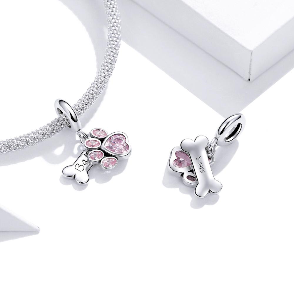 Mặt Vòng Tay Bamoer Bạc Thật 925 Hình Bàn Chân Chó Màu Hồng Xinh Xắn Làm Vòng DIY