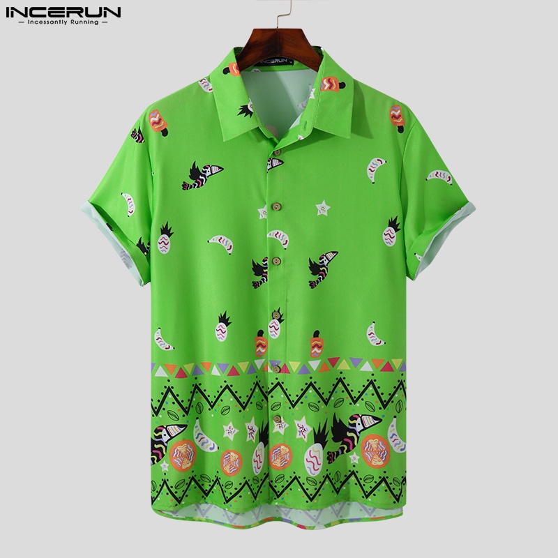 Áo sơ mi INCERUN tay ngắn cài nút họa tiết thổ cẩm vintage cổ điển dành cho nam