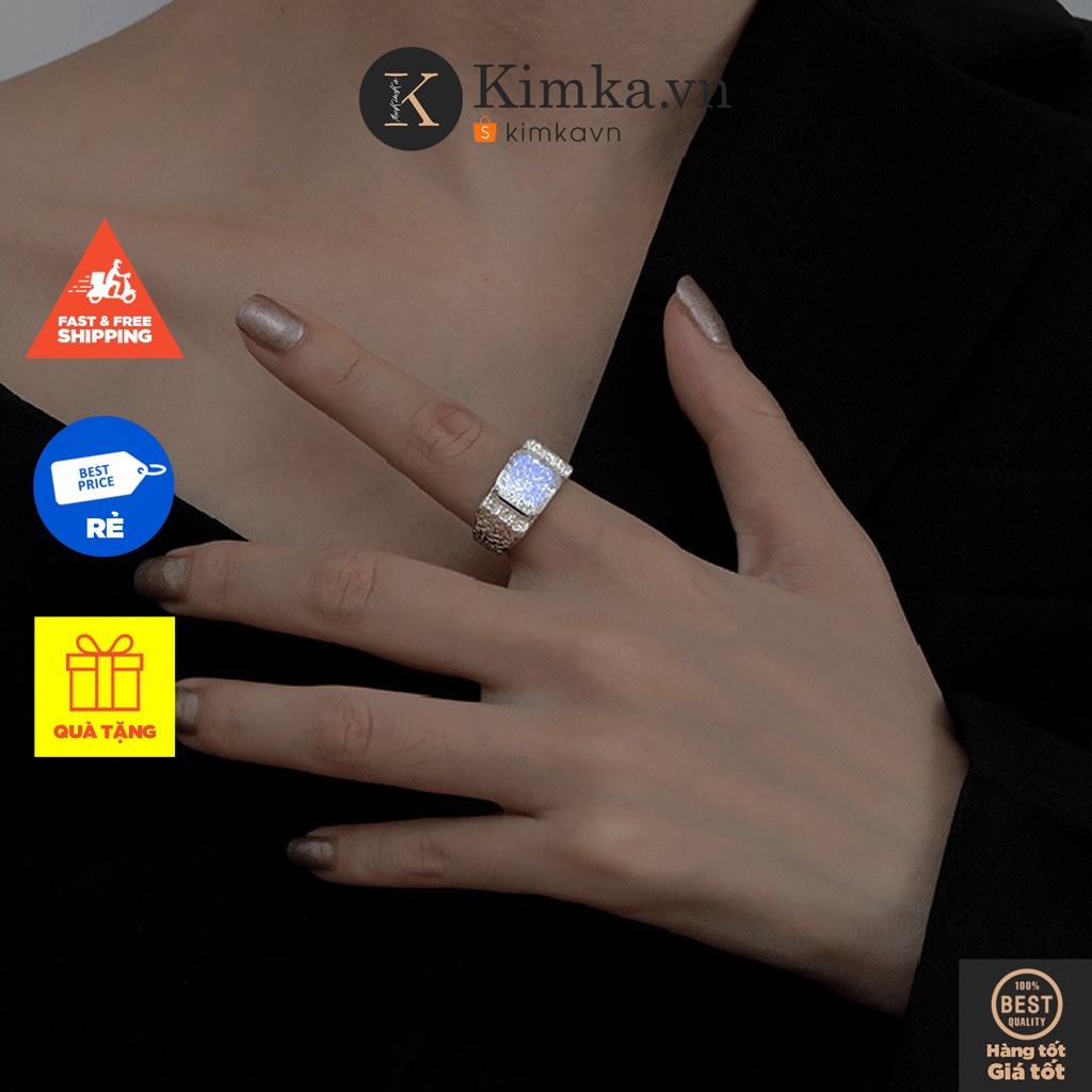 (065) Nhẫn Bản To Zircon Đá Pha Lê Trắng Hoạ Tiết Nhám Cá Tính ⚡️