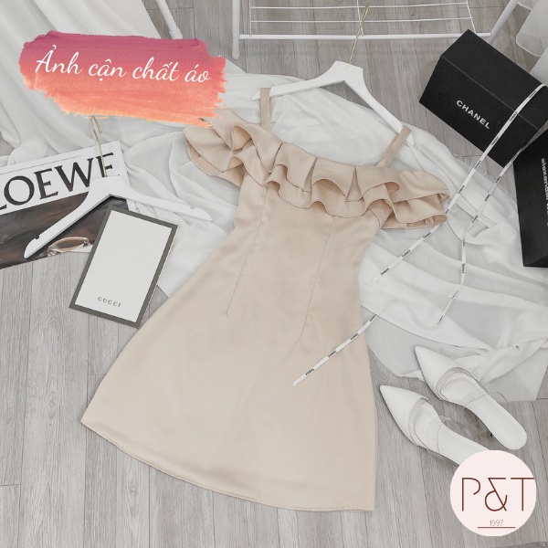 Váy Viền Bèo Trễ Vai Đi Biển, Váy Trễ Vai Dáng Ngắn Chữ A Xinh Xắn Màu Trắng Be | BigBuy360 - bigbuy360.vn