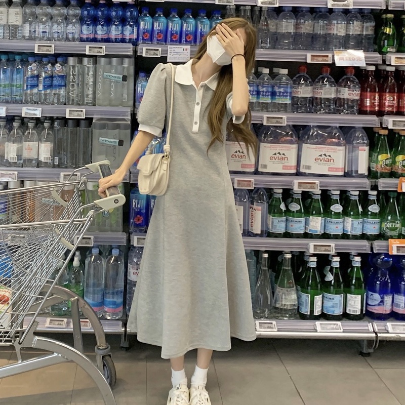 (ORDER) Váy thun POLO cổ bẻ phối 2 màu thon eo xòe dài điệu đà nhẹ nhàng đơn giản Hàn Quốc