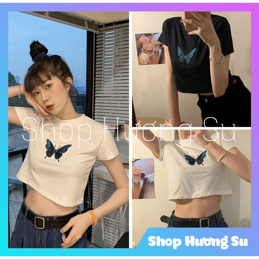 [ Mã WASTAPR giảm 10K đơn 50K] Áo Croptop áo phông Cộc tay body Thêu Bướm hsu | WebRaoVat - webraovat.net.vn