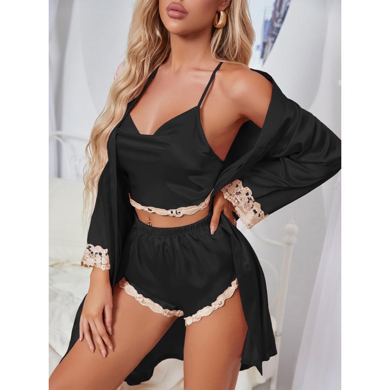 Bộ Đồ Ngủ 3 Món Vải Lụa Phối Ren Quyến Rũ Cho Nữ