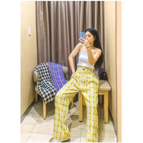 Quần suông kẻ lưng cao  - Quần Cul dáng thụng kẻ ô cúc cảnh | BigBuy360 - bigbuy360.vn