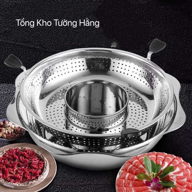 Nồi Lẩu Inox Xoay 2 Tầng Hàn Quốc,  Xoong Ăn Lẩu Đa Năng , Nồi Lẩu Inox 2 Tầng Dùng Được Cả Bếp Từ Và Bếp Gas