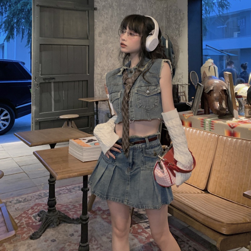 Set Áo Denim + Chân Váy Denim Lưng Cao Thời Trang Mùa Hè Dễ Phối Đồ Cho Nữ