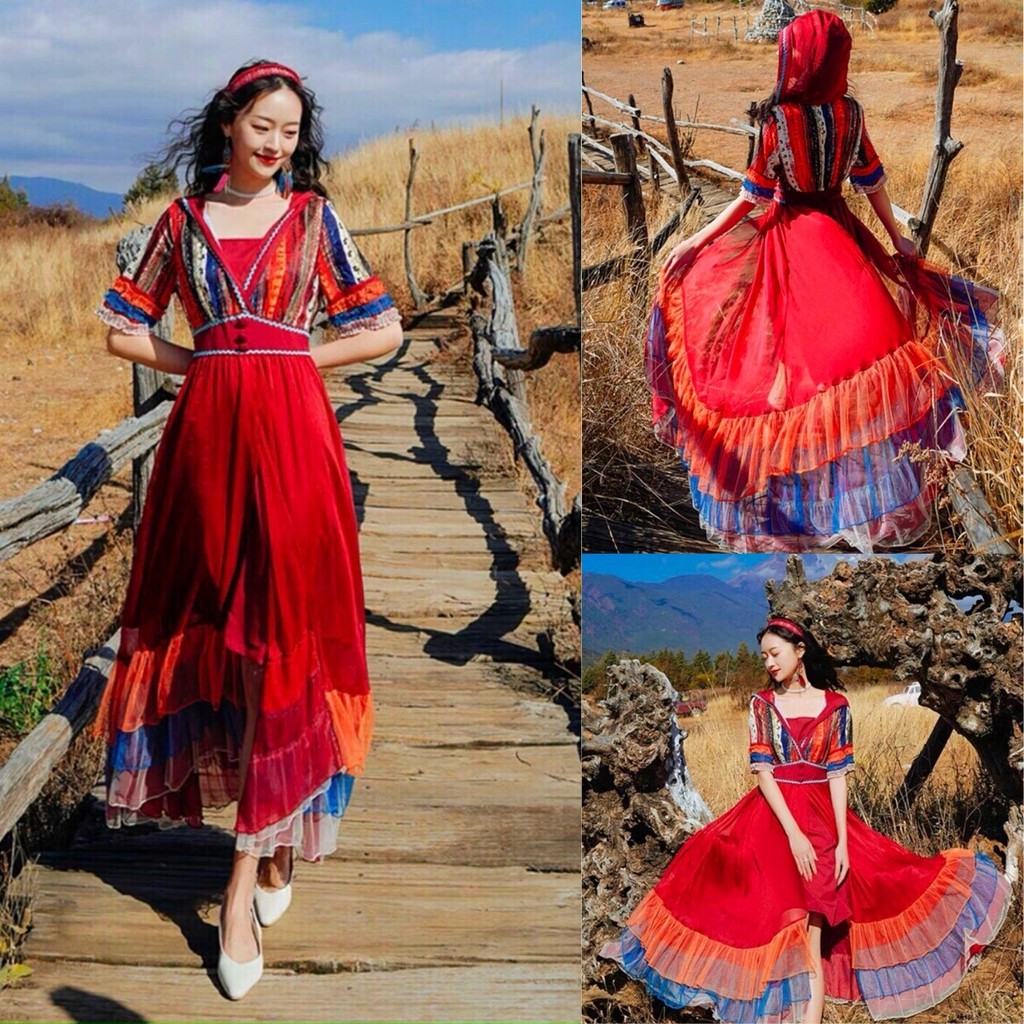 Đầm maxi thổ cẩm BOHO đi biển họa tiết xẻ tà kèm nủ che đầu phong cách XUKA-DRESS -chất Lụa siêu xinh(hình thật tự chụp)