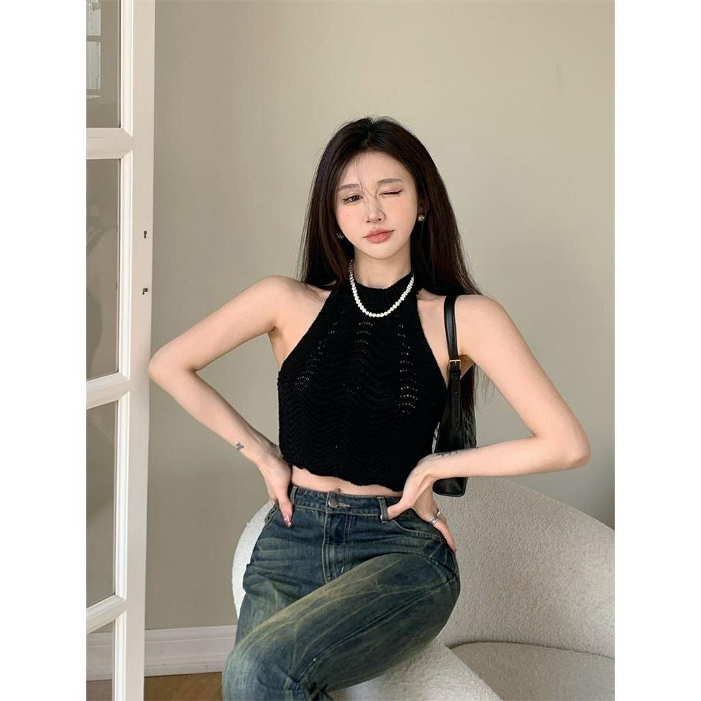 Áo Dệt Kim Hai Dây Cổ Yếm Dáng Ngắn Thời Trang Quyến Rũ Cho Nữ