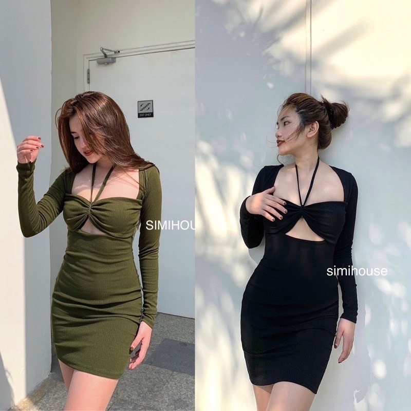 Đầm body tay dài kiểu hở vai cổ yếm có mút ngực, chất vải thun gân len 4 chiều FreeSize (Bảo An Shop) | BigBuy360 - bigbuy360.vn