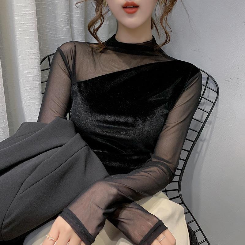 Áo Nhung Cổ Lọ Phối Lưới Phong Cách Châu Âu Thời Trang Mùa Thu 2021