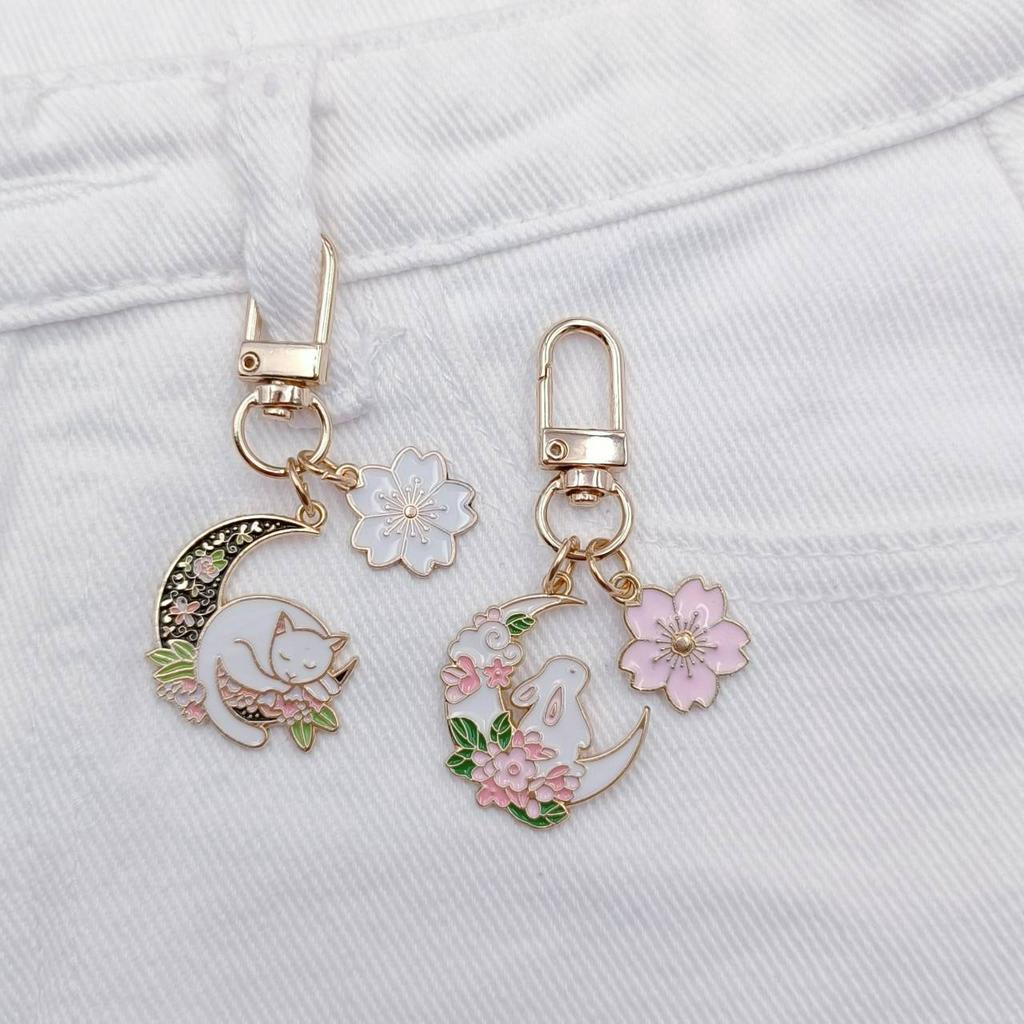 Móc Chìa Khóa Hình Thỏ / Mèo / Hoa Đào Hoạt Hình Tráng Men Dễ Thương Trang Trí Túi Xách DIY